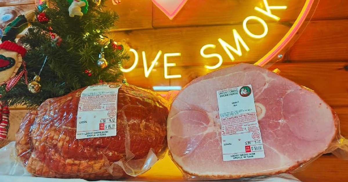 packaged meats under lit sign