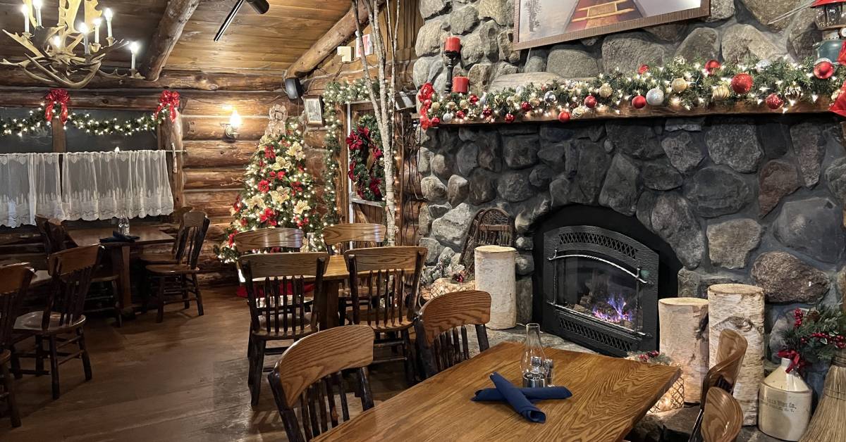 the log jam decorated for christmas