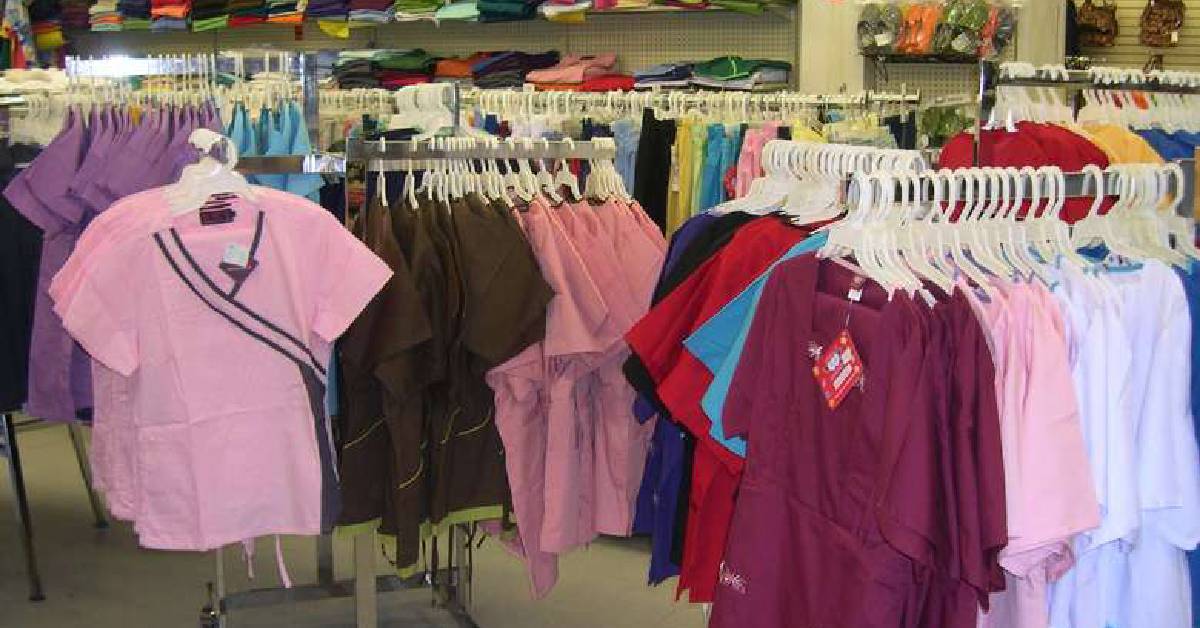 clothing racks of scrubs