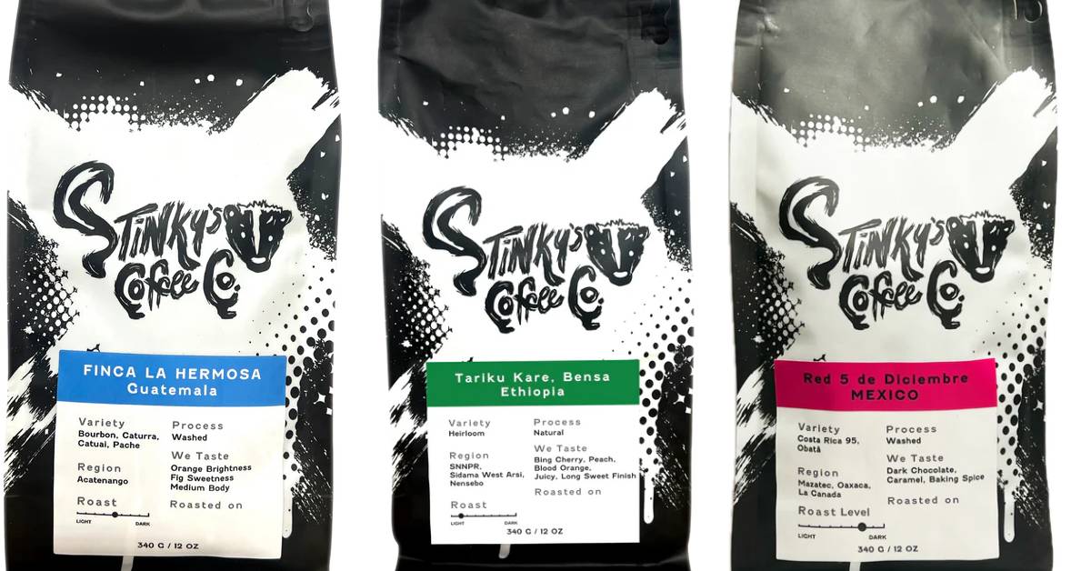 three bags of stinkys coffee