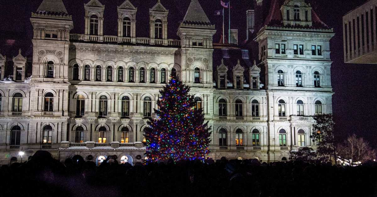 Christmas tree outside capitol building in Albany