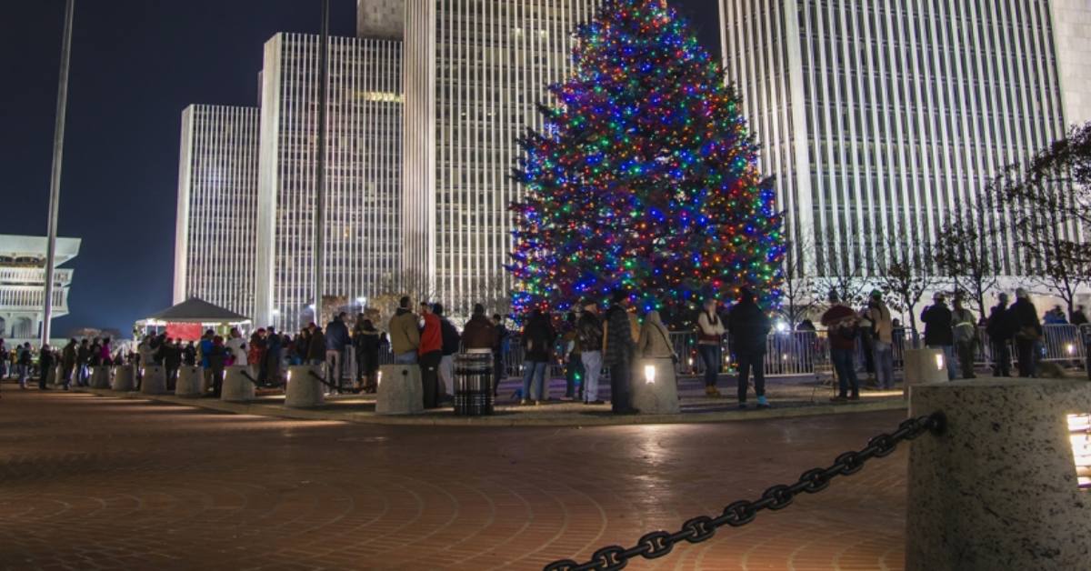 people standing in a city plaza around a large Christmas tree with lights
