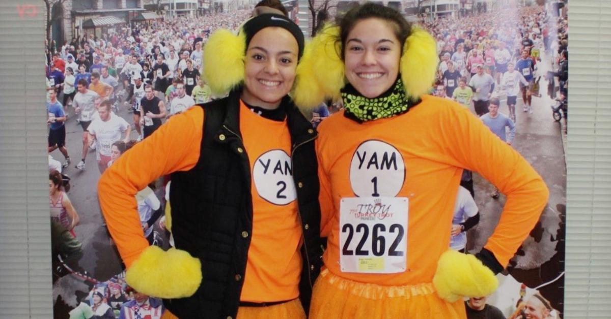 two women dressed for a turkey trot
