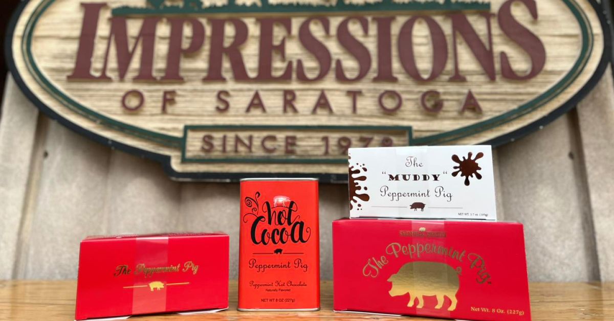 Impressioons of Saratoga sign and Peppermint Pig boxes