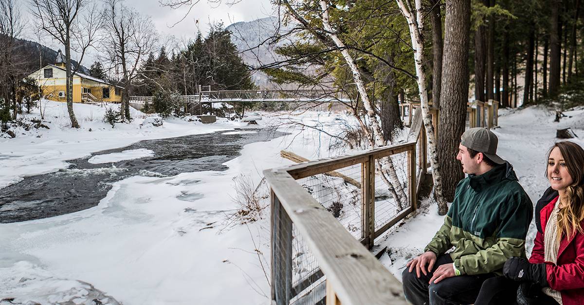 couple in winter at ausable chasm