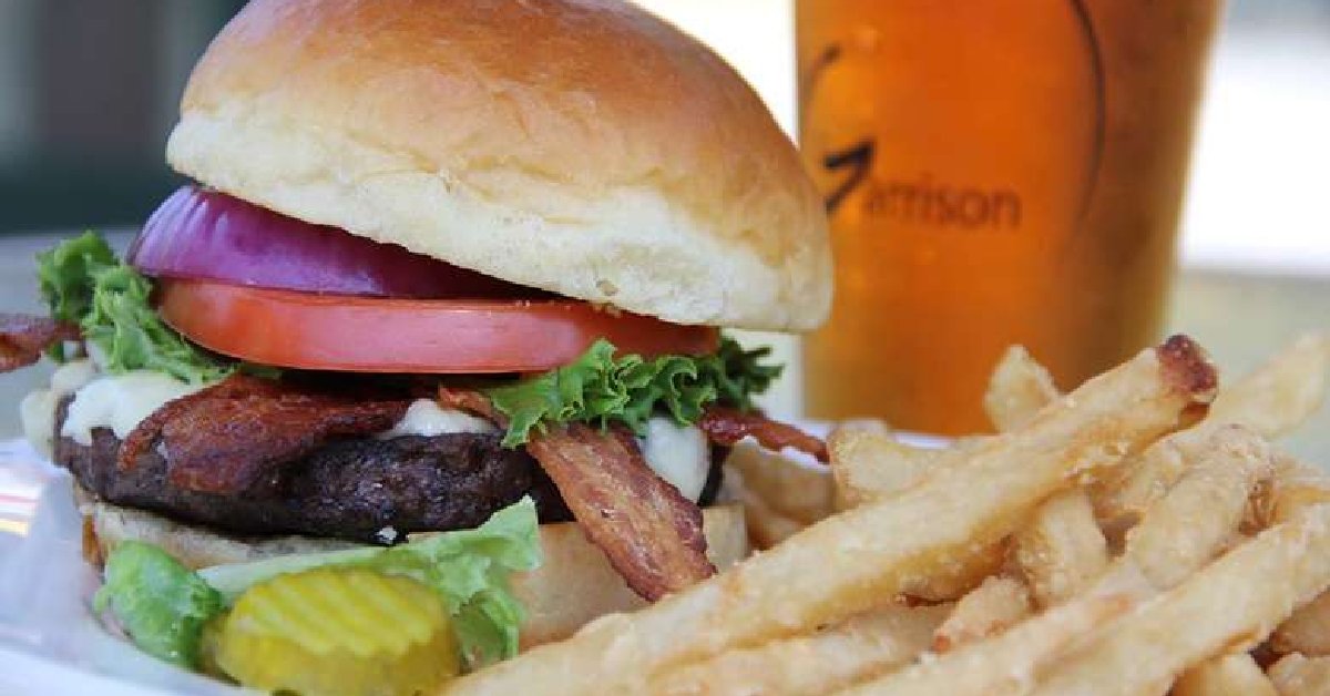 burger with fries and beer
