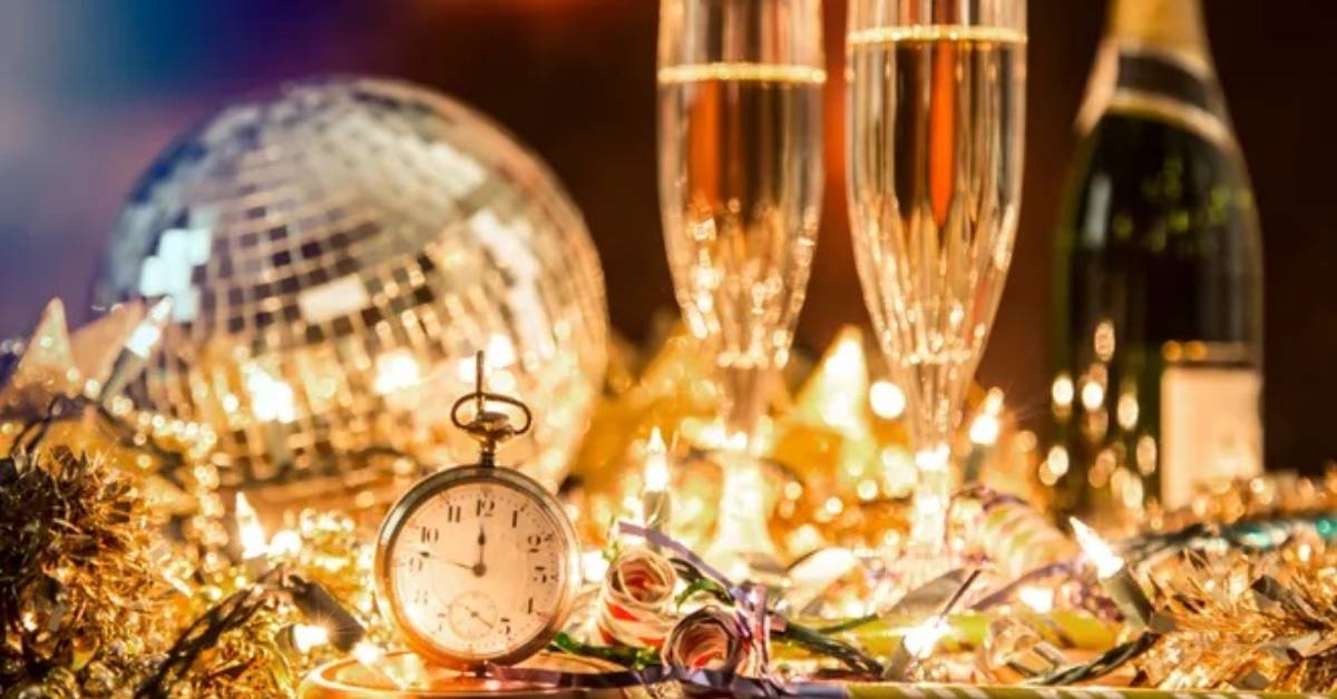 champagne and holiday lights with a stopwatch