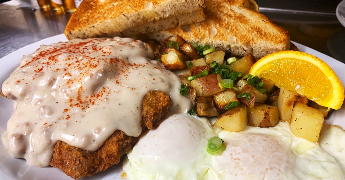 chicken, eggs, and toast