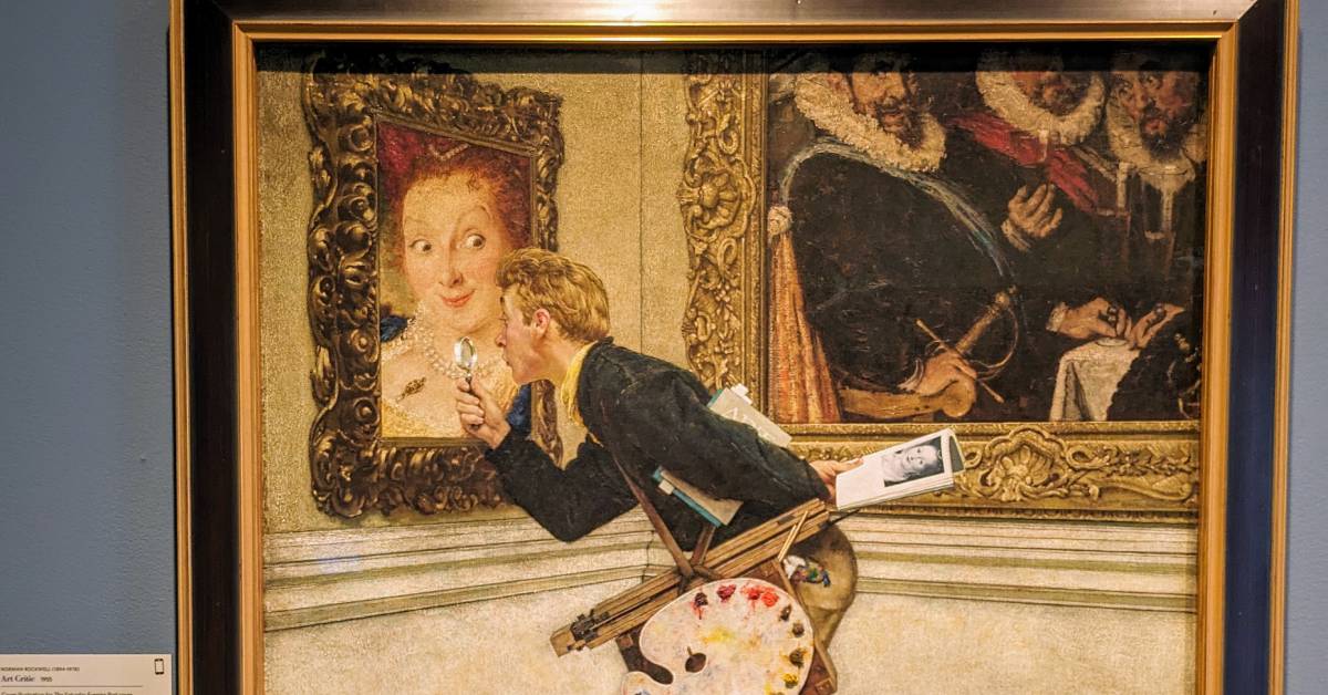 norman rockwell painting of painter examining a painting