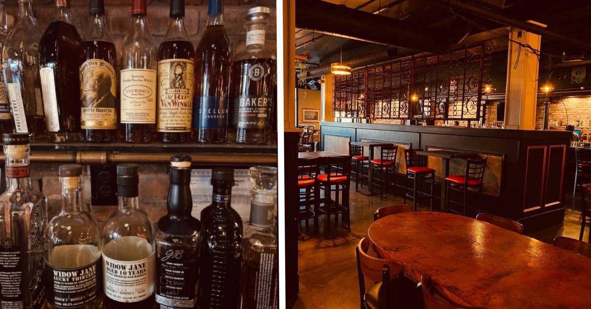 left image if liquor bottles; right image of a bar