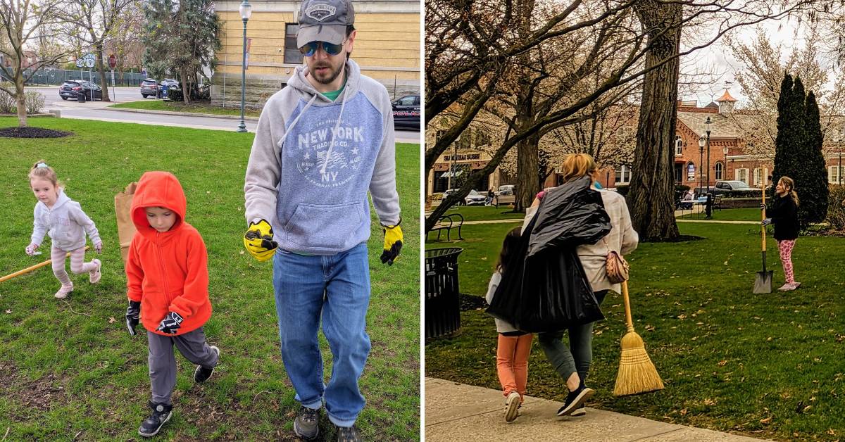 families participate in glens falls downtown cleanup day in the park