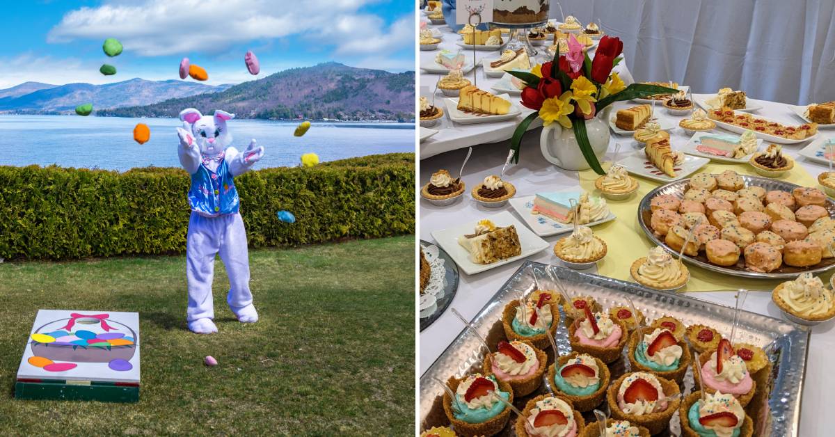 easter bunny juggling on the left, dessert spread on the right