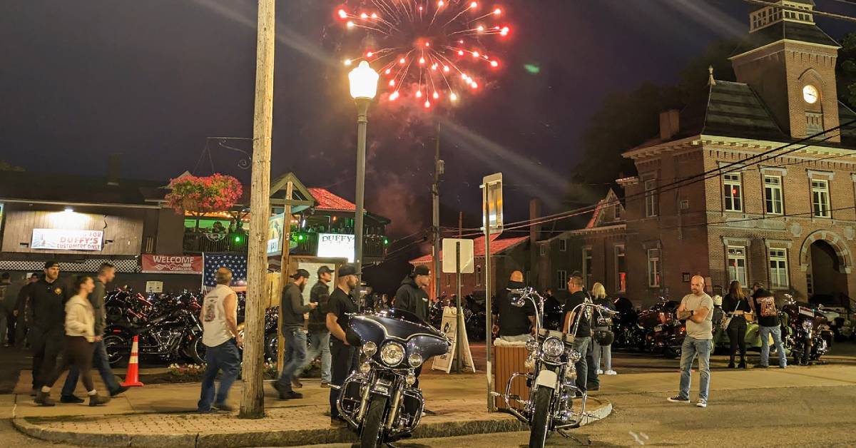 people and motorcycles and fireworks in lake george