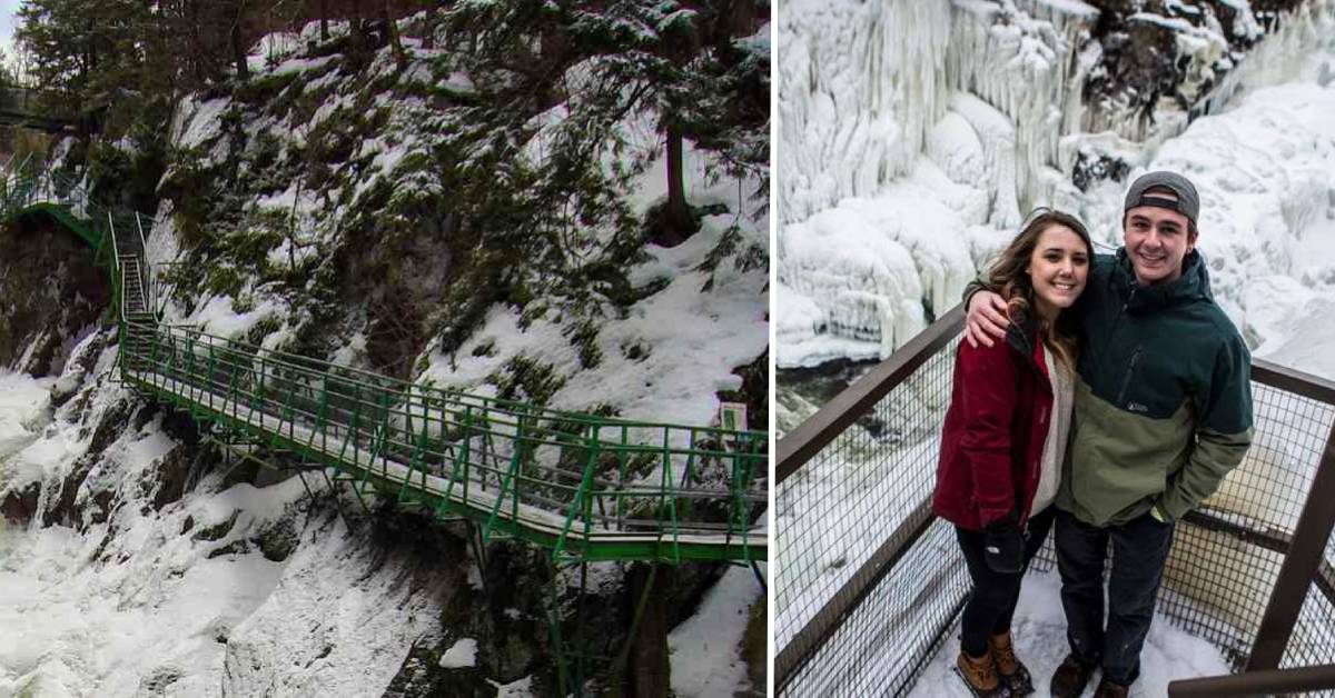 high falls gorge in the winter, couple poses