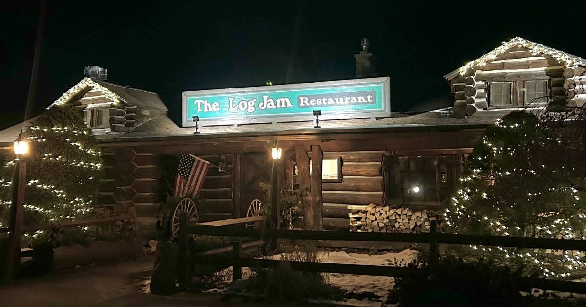 exterior of log jam restaurant in winter