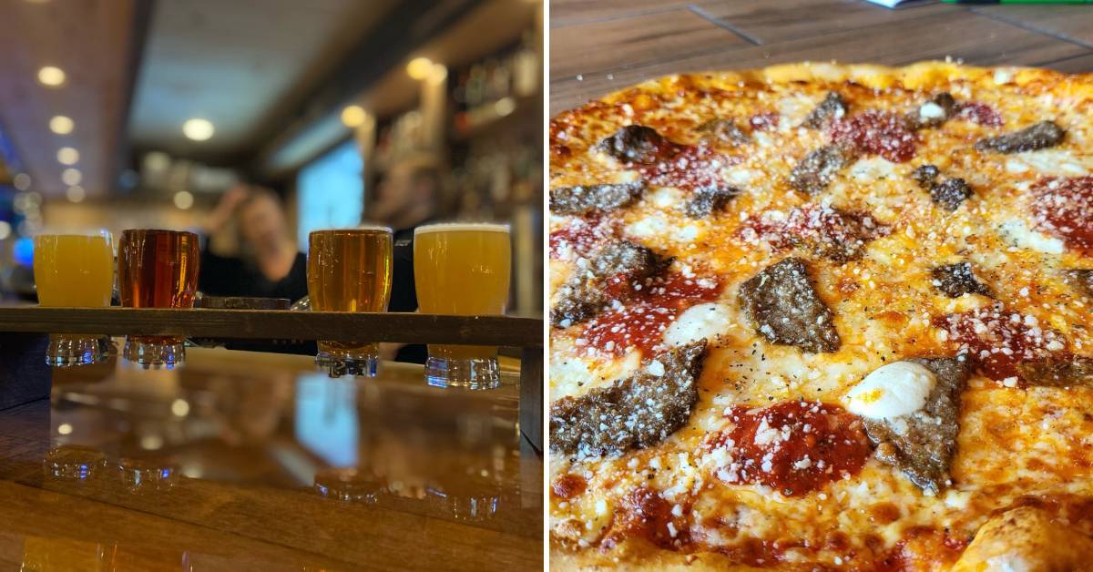 beer flight and pizza with pepperoni and sausage