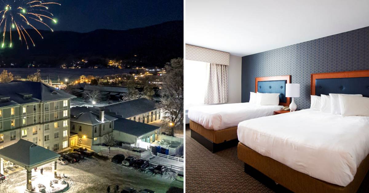 exterior of fort william henry with fireworks in winter on left and two beds in guest room on the right