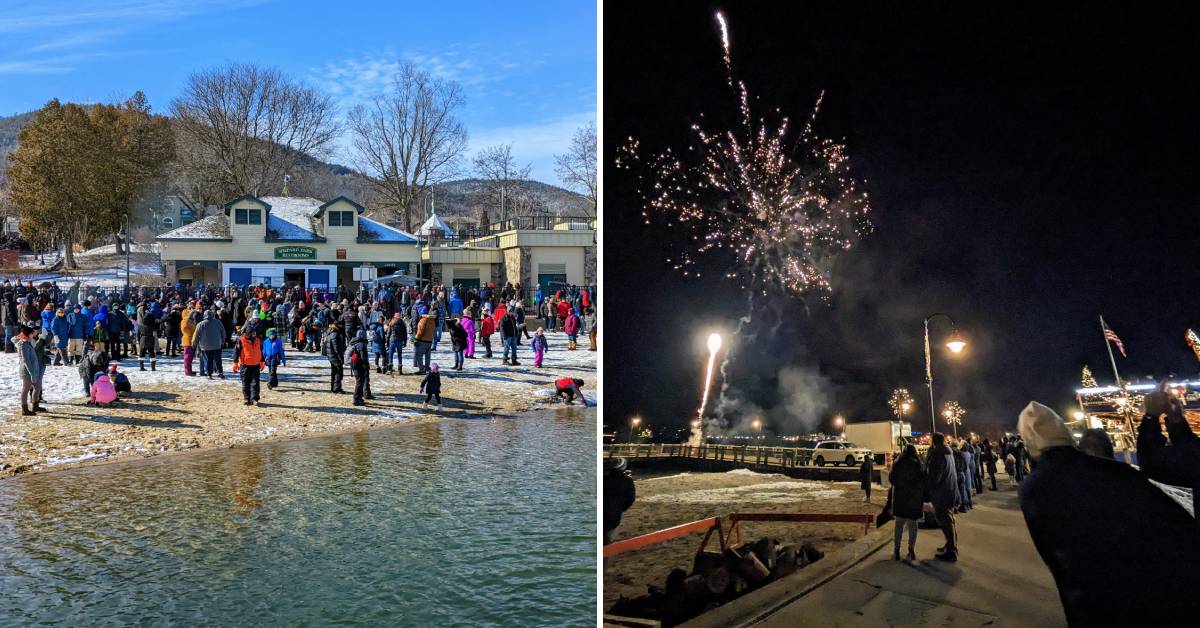 crowd at lake george winter carnival by beach on left, fireworks at carnival on the right