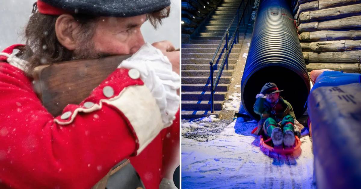 soldier and person going down winter slide at fort william henry