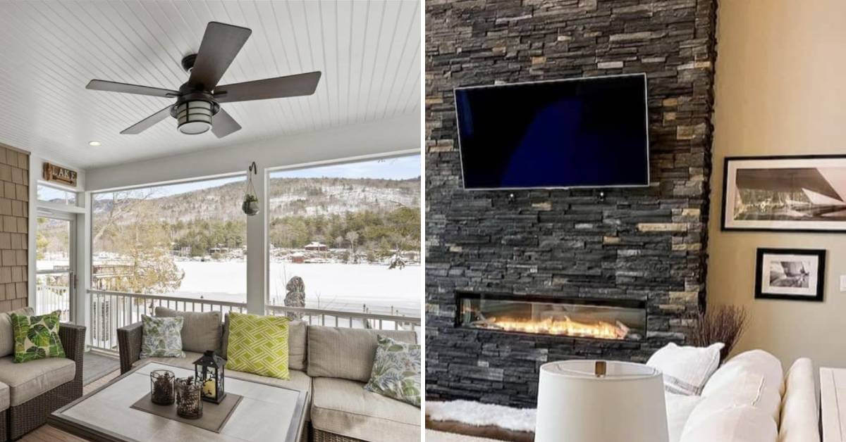 house balcony with winter lake views on left, fireplace under tv in living room on the right