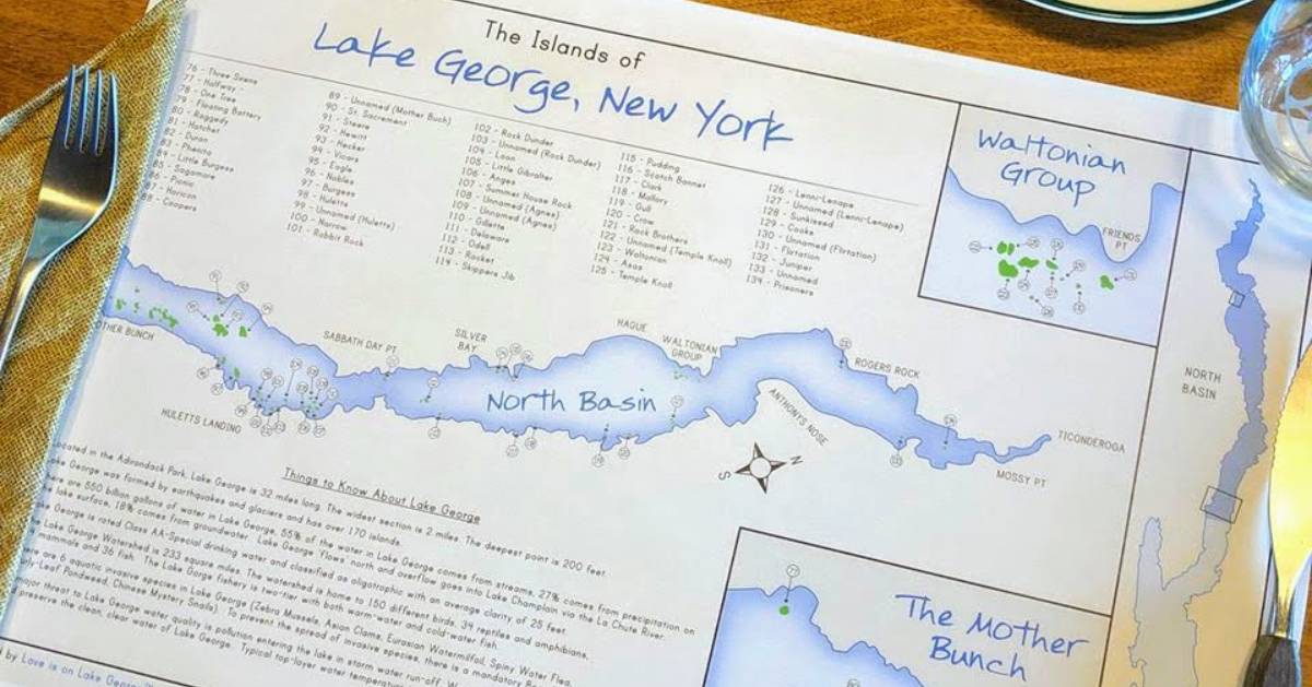 Lake George islands map on placemat