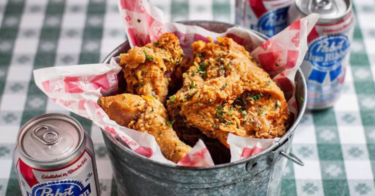 fried chicken bucket with beer