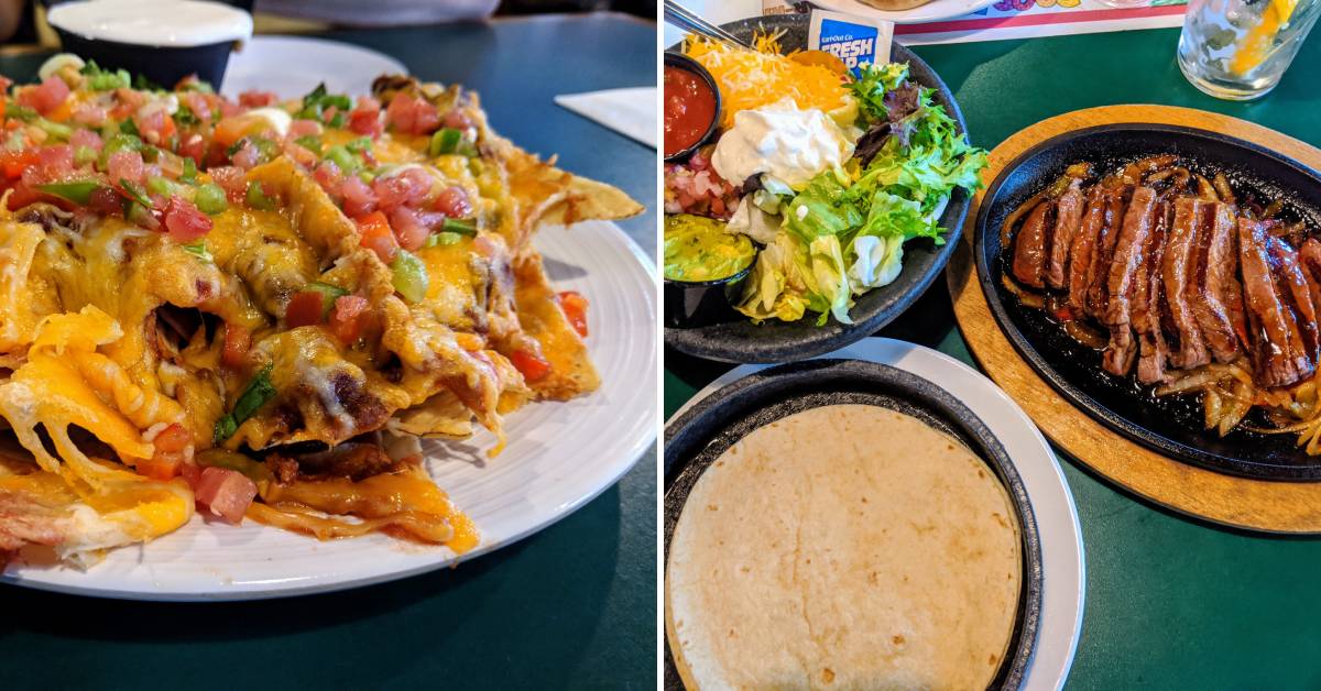 nachos on the left, steak fajitas on the right