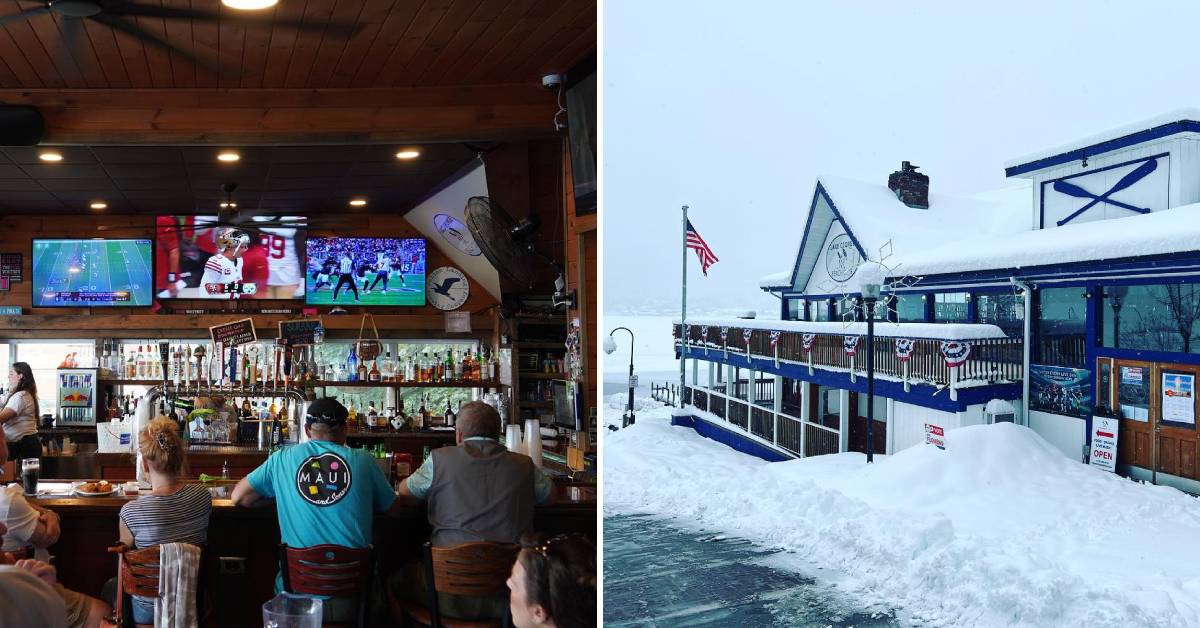 interior of lake george beach club with football on tv at bar on the left, exterior in the winter on the right