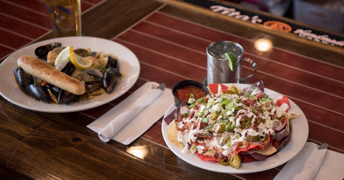 mussels and nachos at restaurant