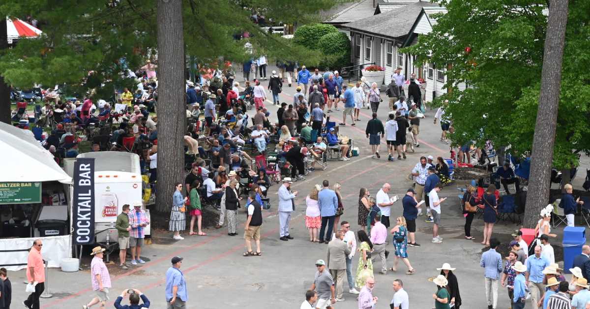 aerial view of people walking around saratoga race course