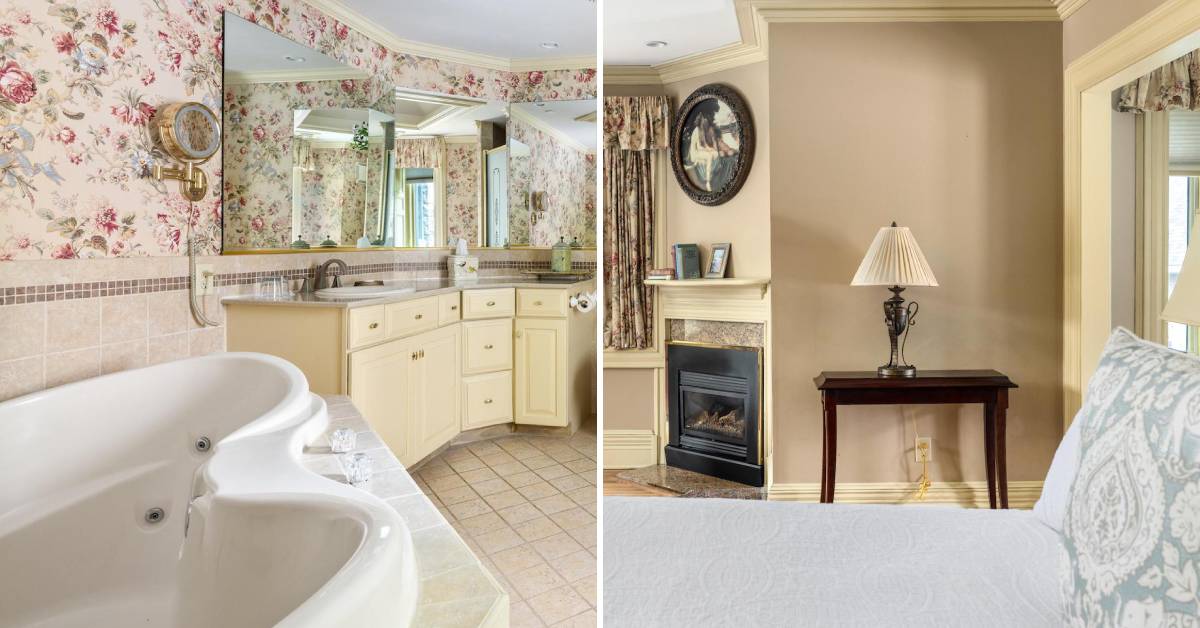 interior of erlowest guest bathroom and bedroom, with hot tub and fireplace