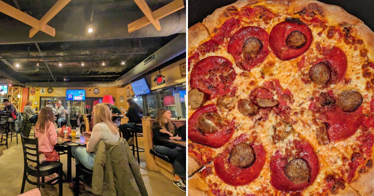 interior of restaurant on left, pepperoni pizza on right