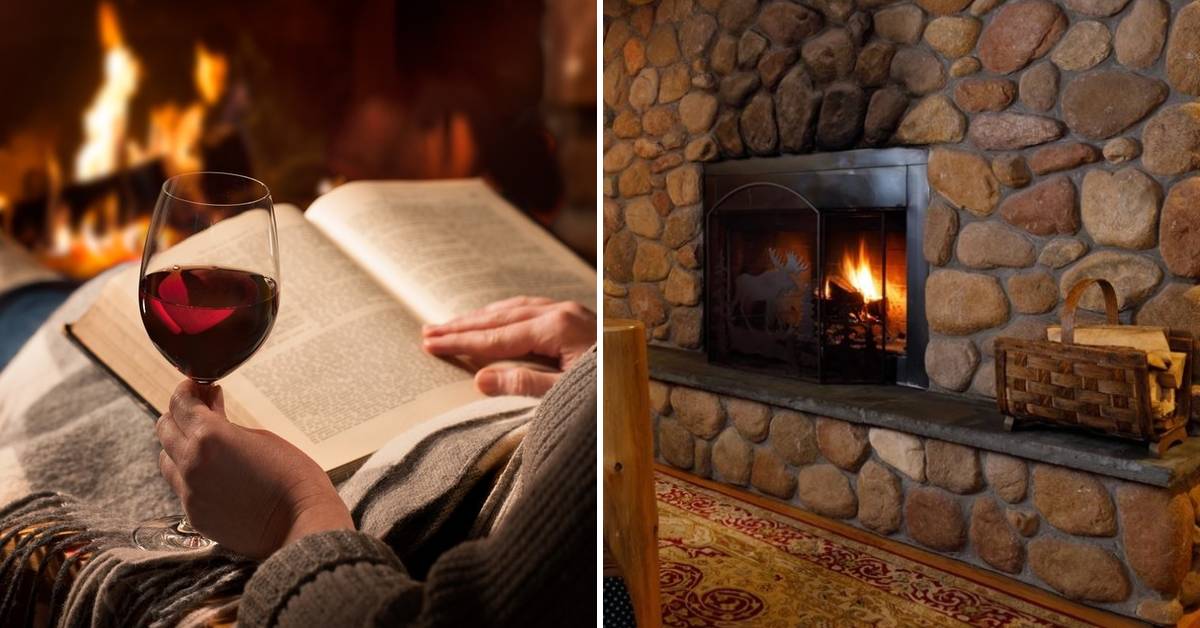 book and wine in front of fire on left, fire in fireplace on the right