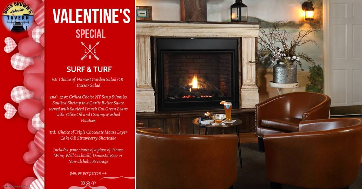 valentine's menu and chairs by fireplace at dock brown's