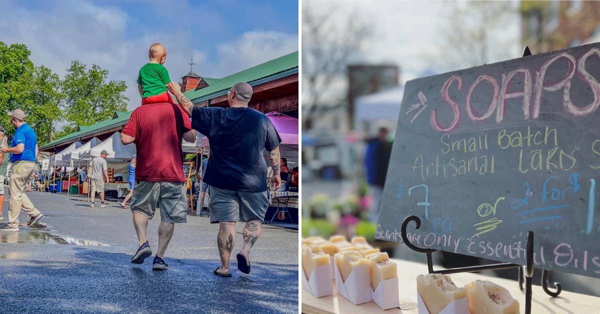 people at farmers market and soap display