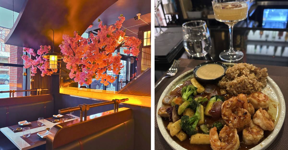 left image of booth seating with red plants; right image of shrimp dish