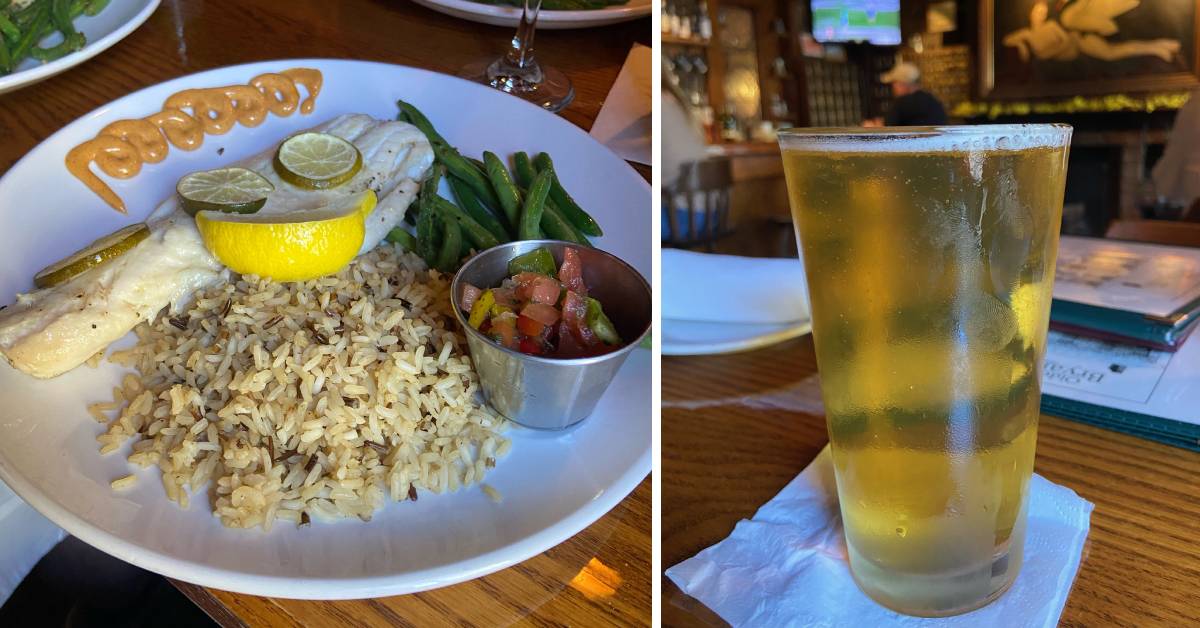 left image of rice and food on a plate; right image of beer glass