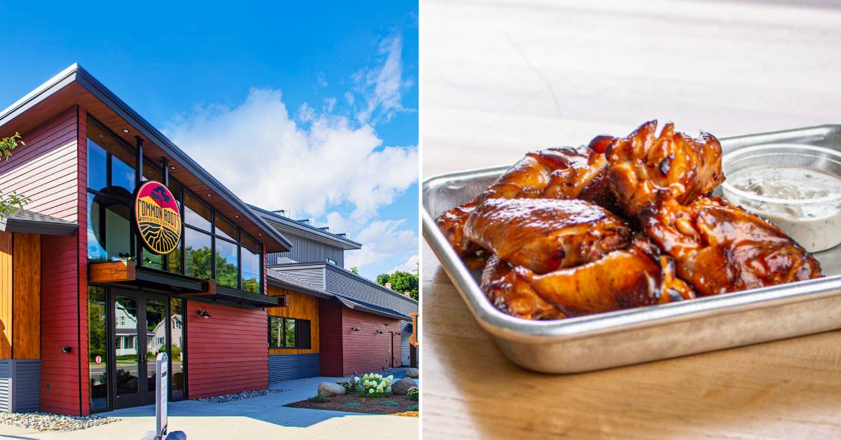 Exterior of Common Roots Brewery and chicken wings with bleu cheese on a platter.