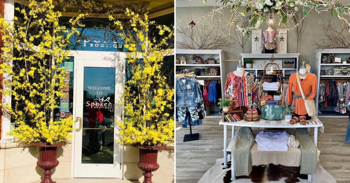 An image of Spoken Boutique exterior to the left. An image of their clothes and handbags to the right.