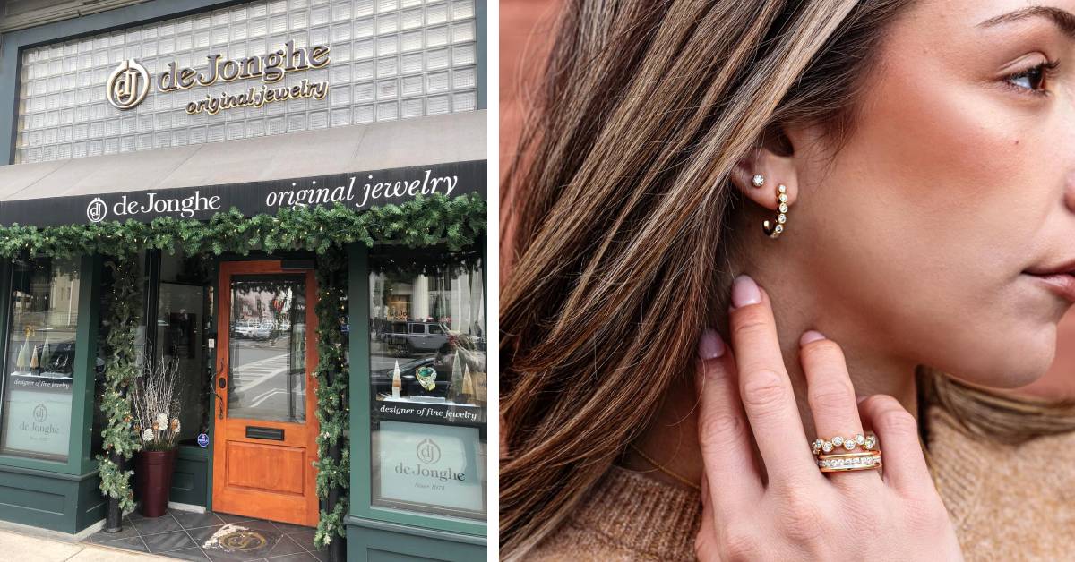 Image of deJonghe Original Jewelry entrance to the left. An image of their rings and earrings to the right