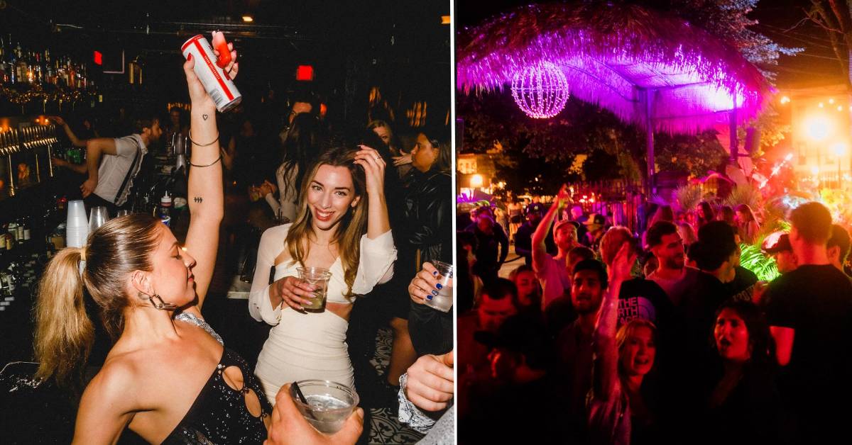 two side by side photos of people dancing in a nightclub bar area