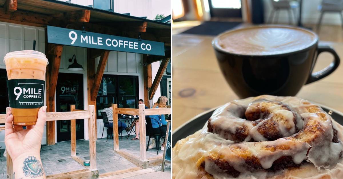 iced coffee held up outside 9 mile coffee on the left, coffee with cinnamon roll on the right