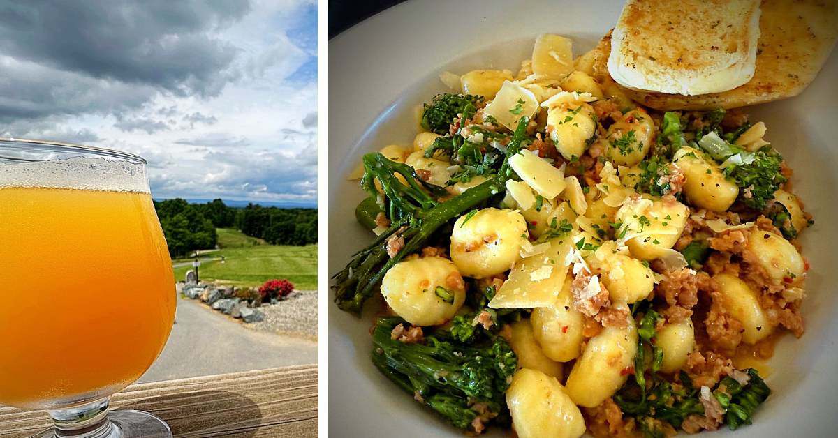 left image of beer; right image of entree