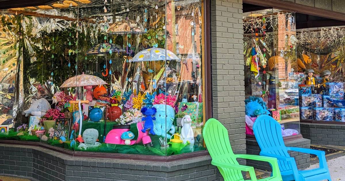 exterior of g. willikers with springtime items in window