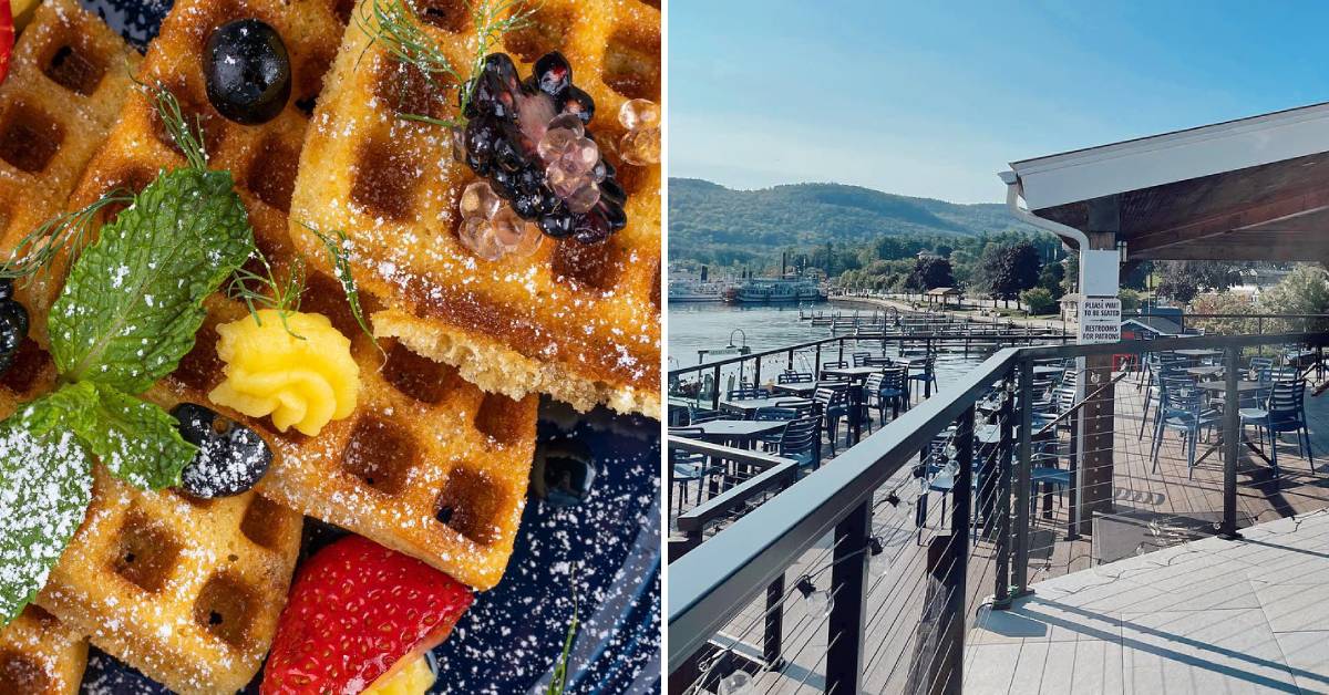 waffles on the left, lighthouse grill deck overlooking lake george on the right