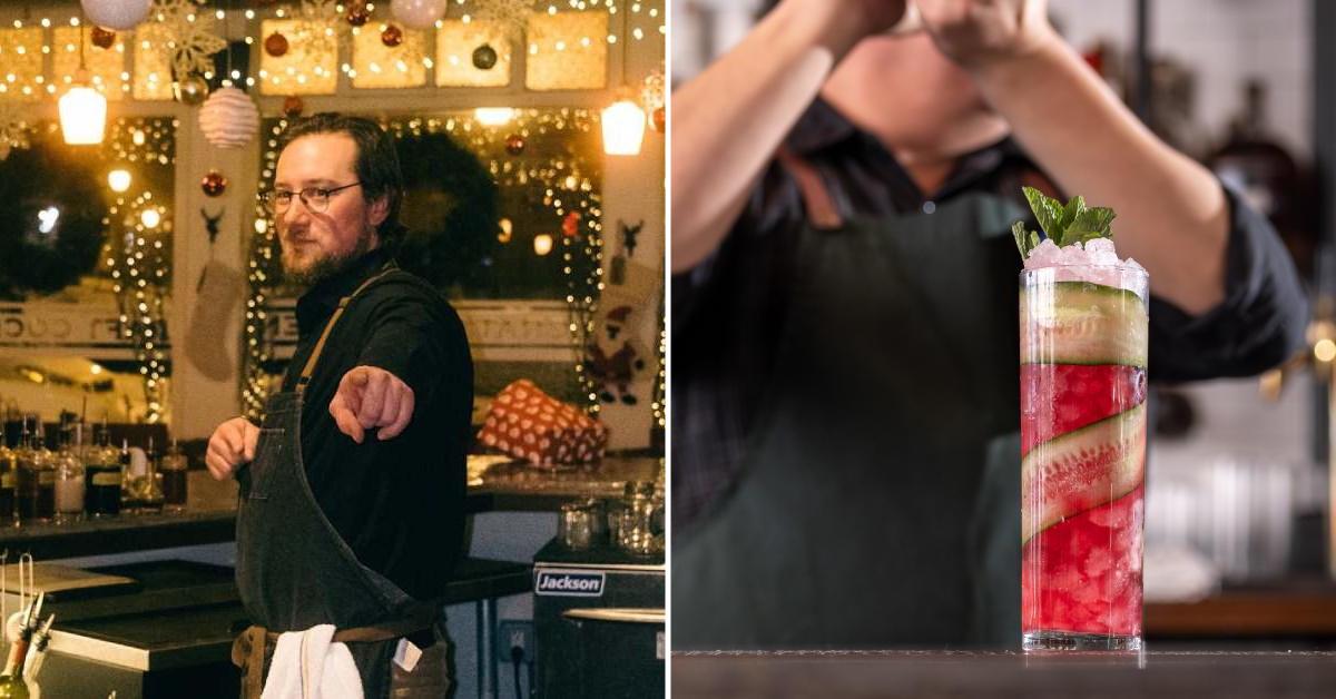 left image of bartender; right image of cocktail