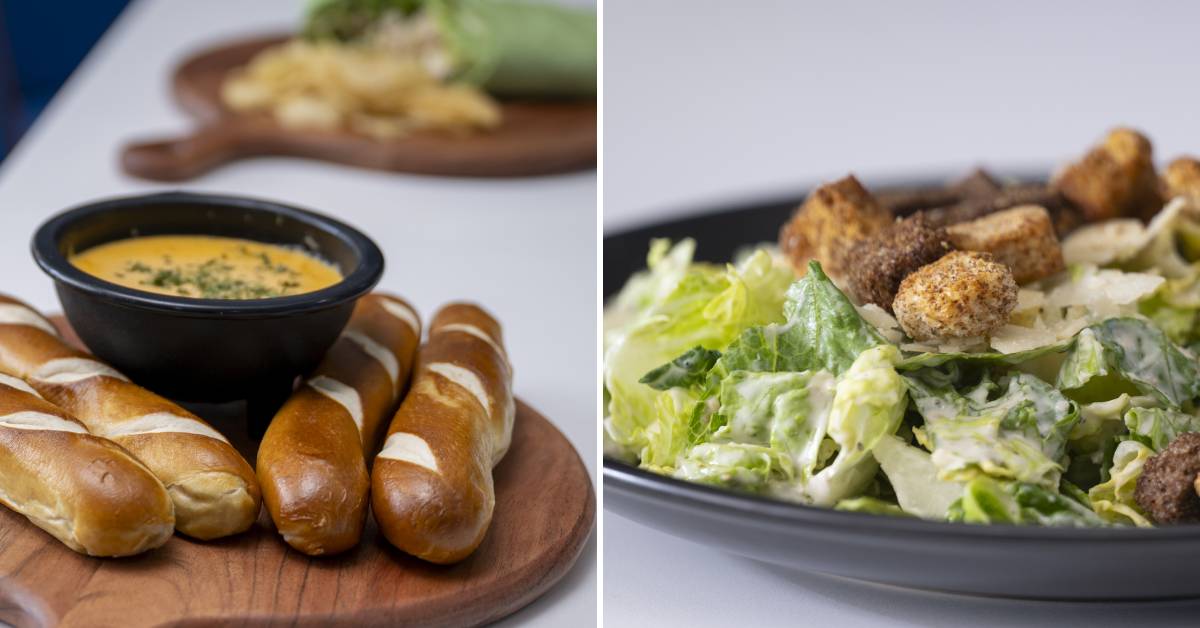 pretzels with cheese dip and caesar salad