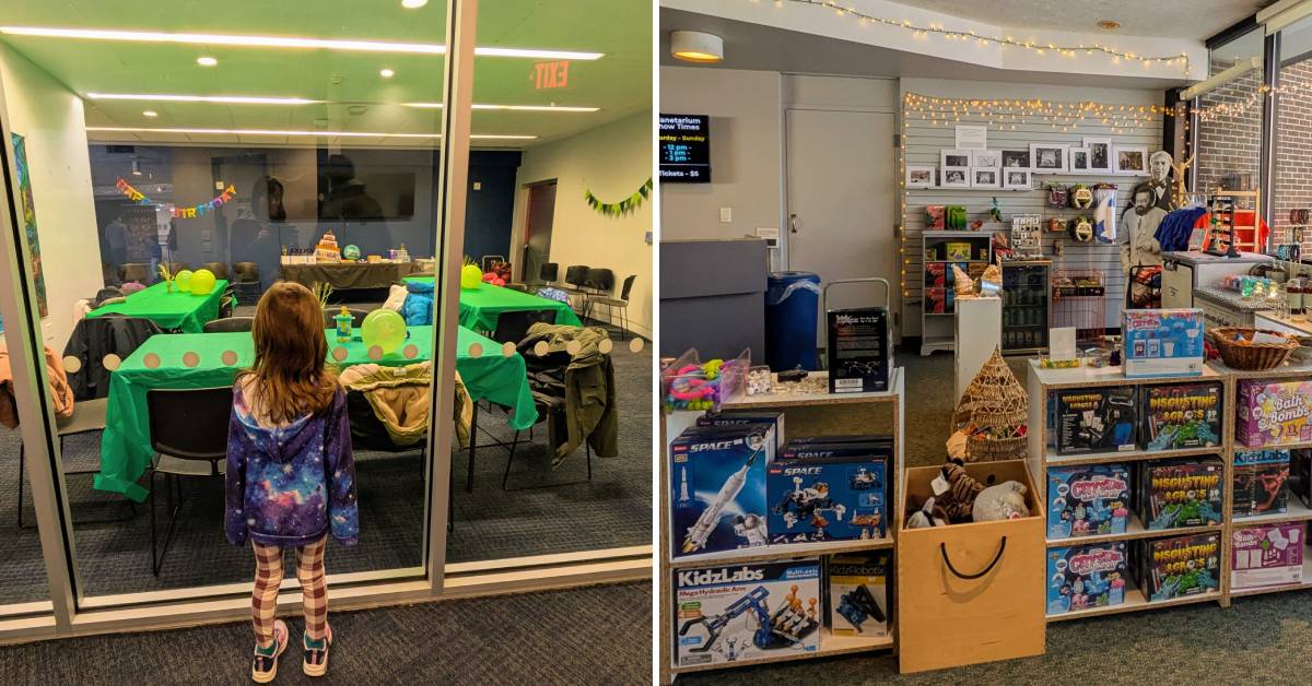 little girl looks at birthday room at misci on the left, misci gift shop on the right