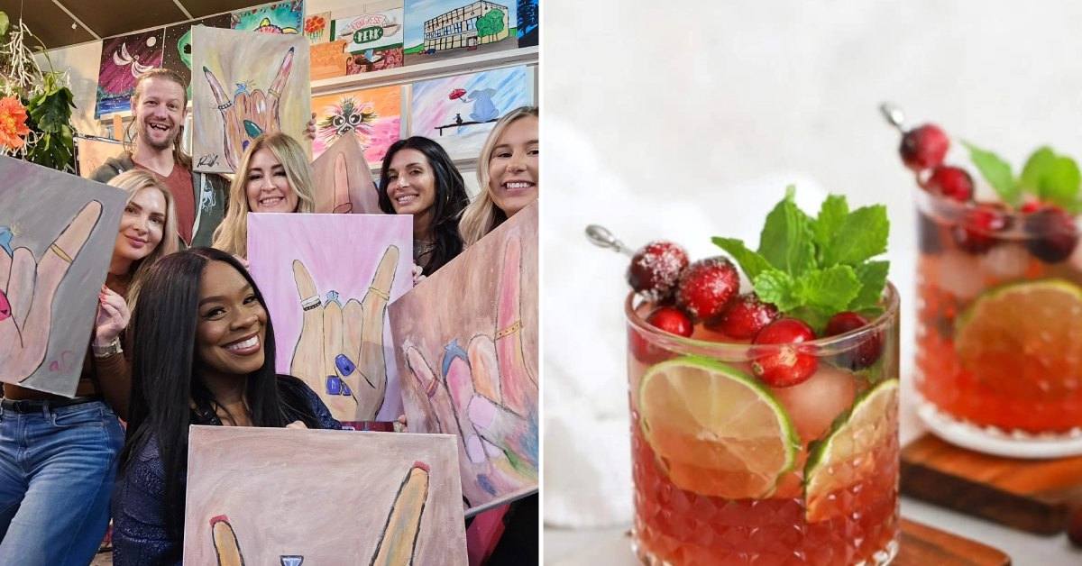 left image of women and a man holding up paintings of engagement ring hand; right image of two mocktails