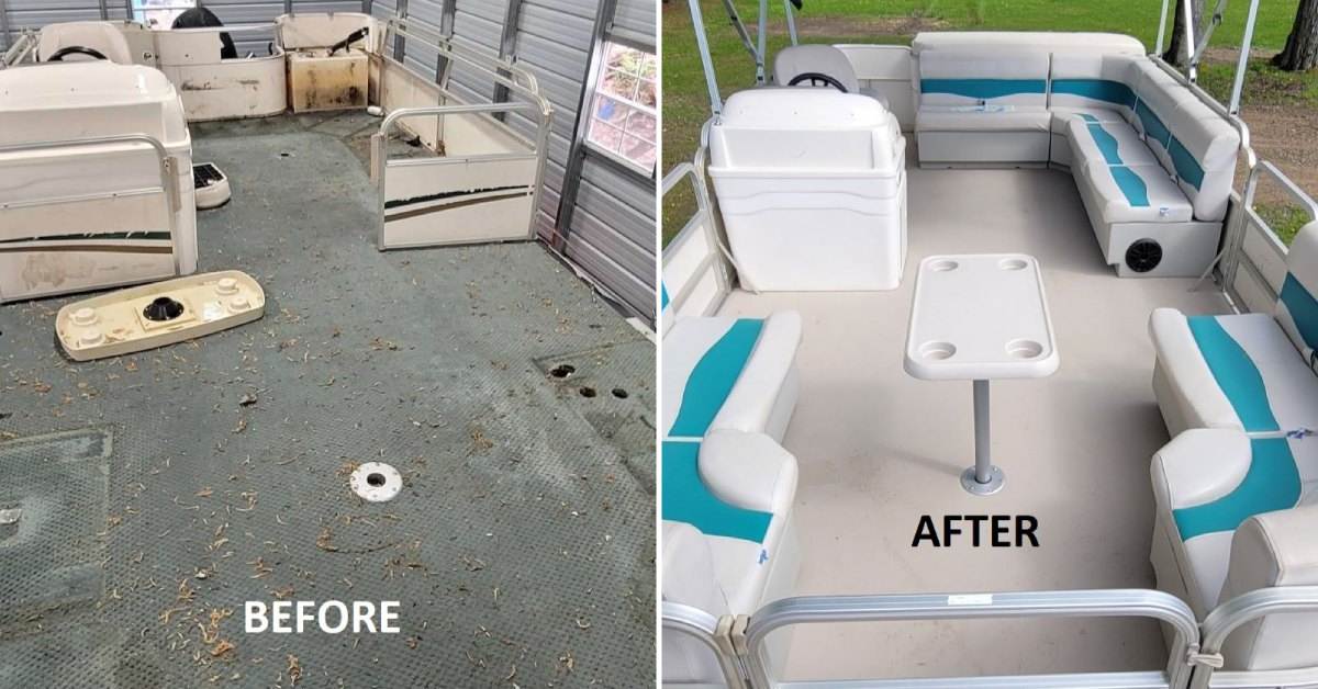 before and after photos of a pontoon restoration